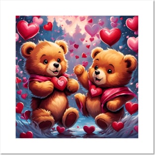 Teddy celebrating Valentines day, randome floating love hearts Posters and Art